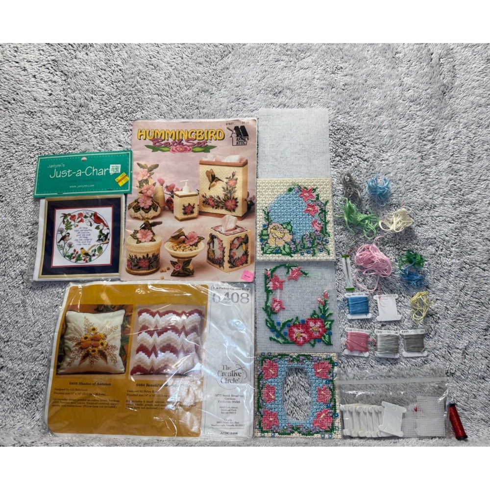 Vintage Floral Needlepoint & Cross Stitch Craft Lot Cottagecore Hummingbird Deco